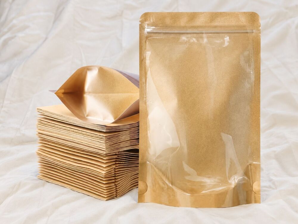 FireKylin 100 Kraft Stand Up Treat Bags 5.5x7.9 Clear Window Zipper Halloween